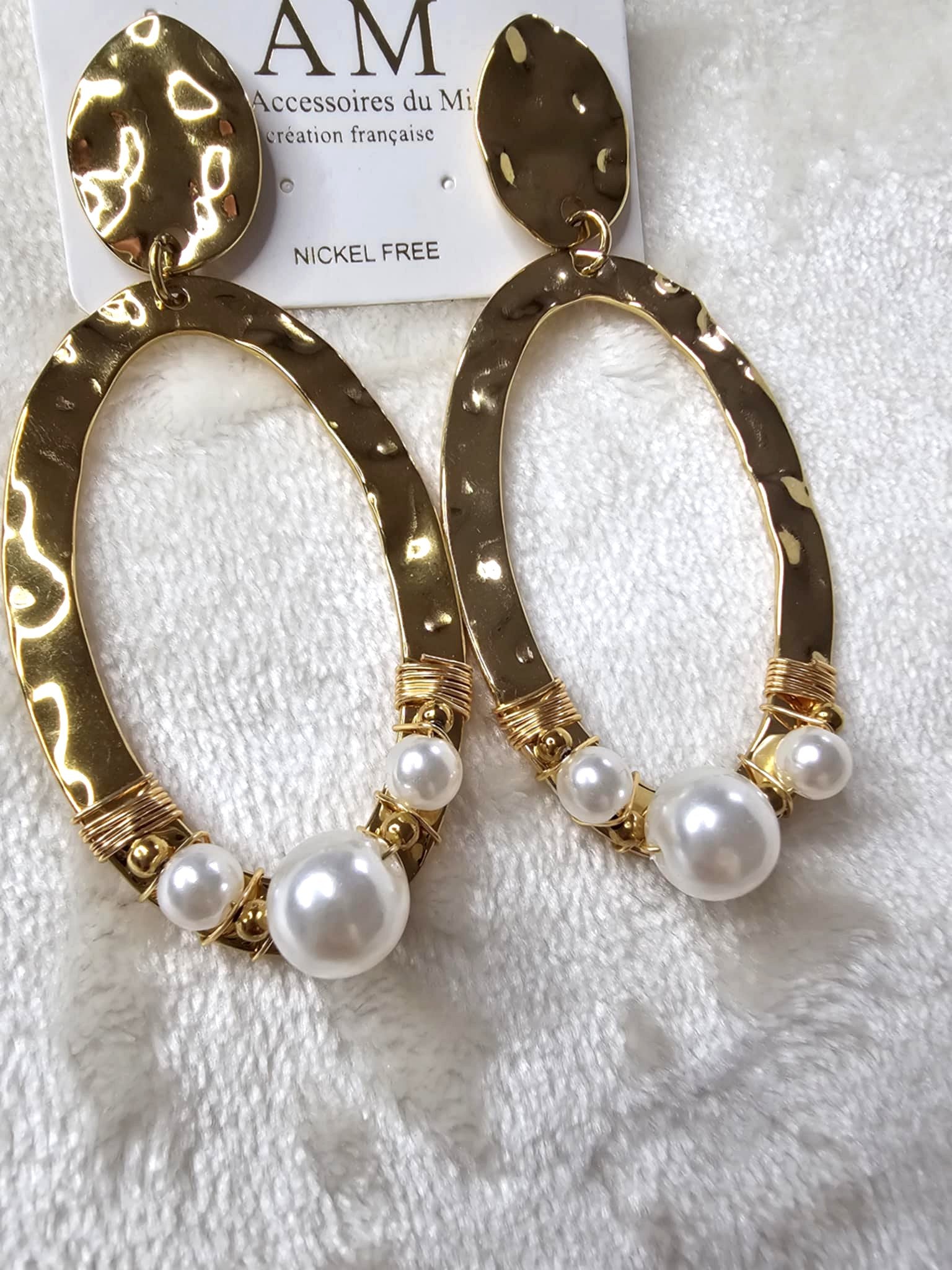 Boucles d’oreilles ovales martelées dorées perles Ettis Mode