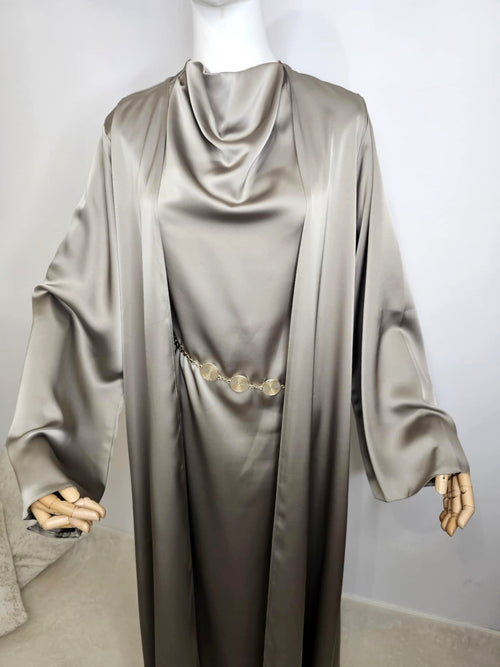 Ensemble Kaki Clair Satin Premium – Robe & Kimono Chic Ettis Mode
