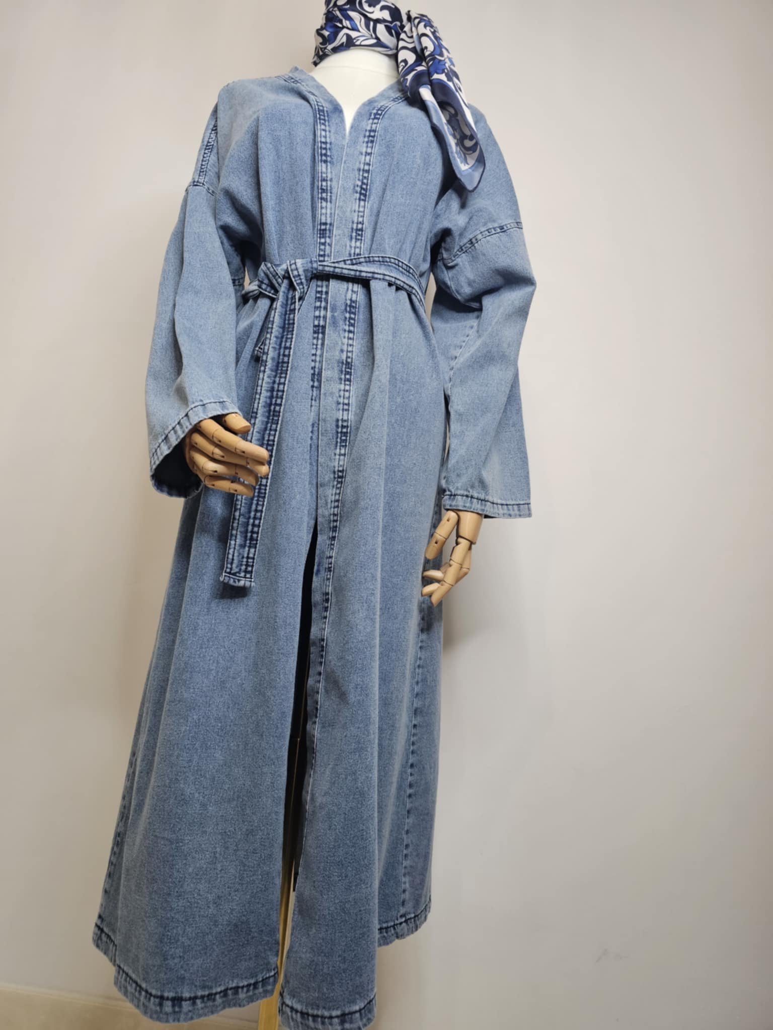 Kimono long en jean 100 % coton – Coupe ample ceinturée bleu denim 💙 Ettis Mode