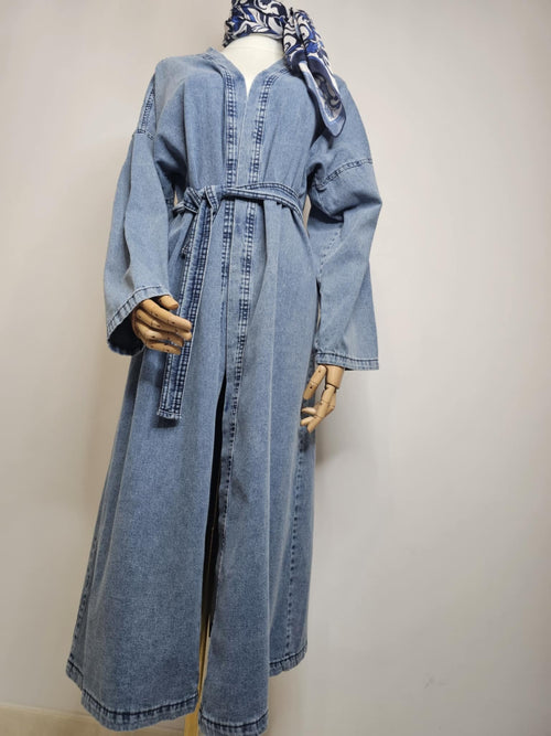 Kimono long en jean 100 % coton – Coupe ample ceinturée bleu denim 💙 Ettis Mode