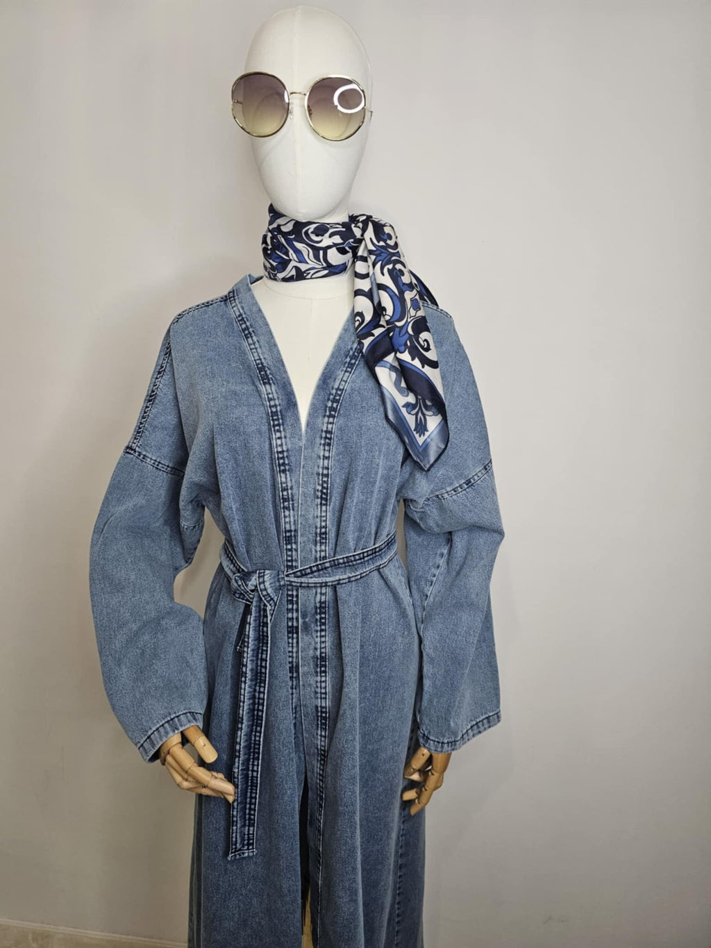 Kimono long en jean 100 % coton – Coupe ample ceinturée bleu denim 💙 Ettis Mode
