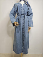Kimono long en jean 100 % coton – Coupe ample ceinturée bleu denim 💙 Ettis Mode