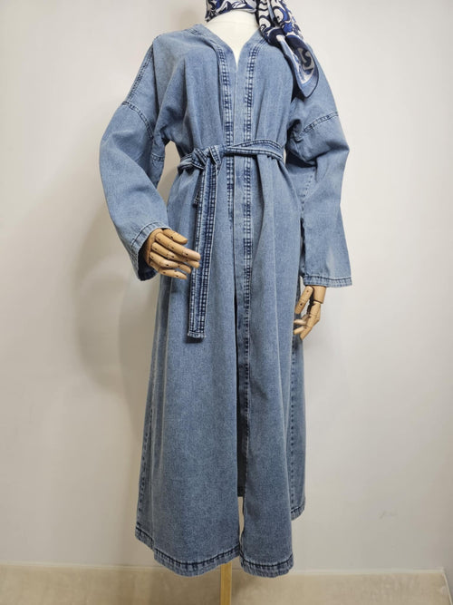 Kimono long en jean 100 % coton – Coupe ample ceinturée bleu denim 💙 Ettis Mode
