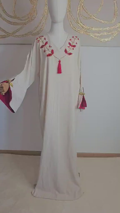 Abaya élégante brodée avec perles et finitions satin luxe pour femme