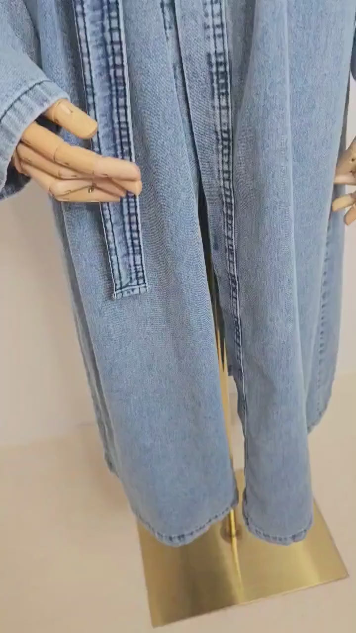 Kimono long en jean bleu denim femme – Ettis Mode