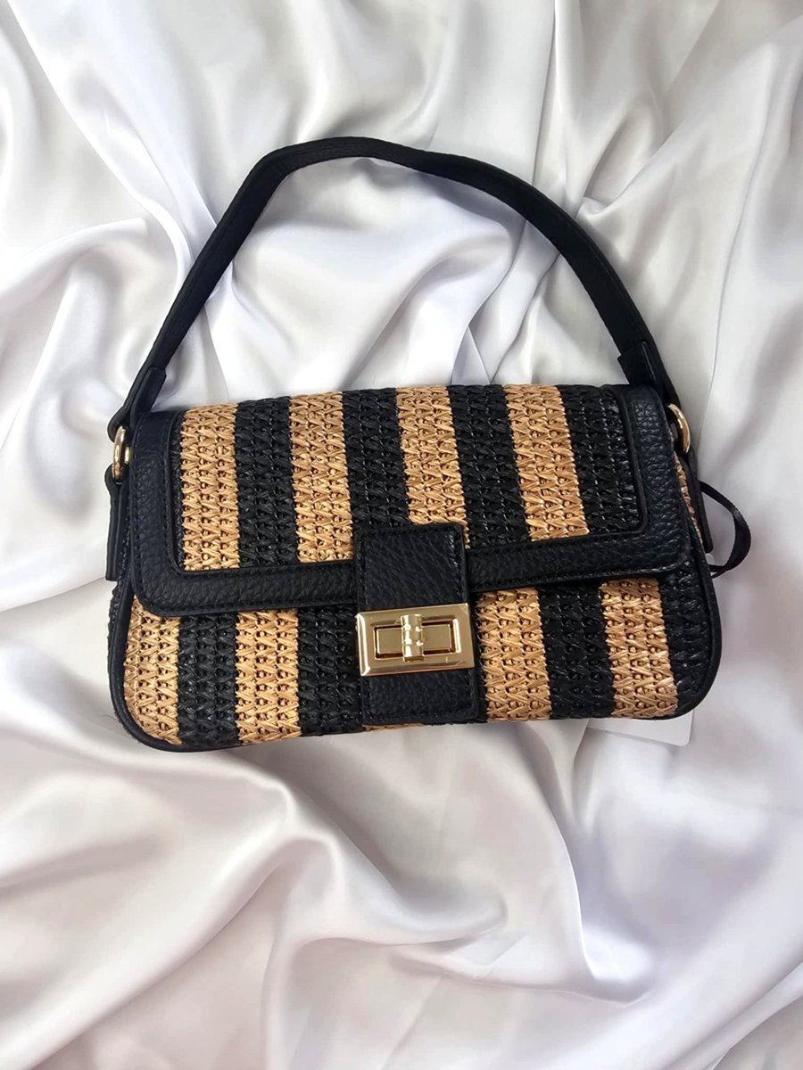 Sac bandoulière rayé 23 × 15 cm – Noir & Beige Ettis Mode